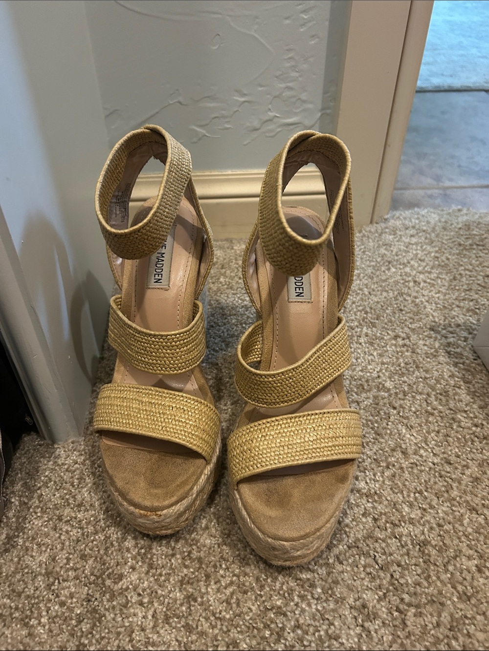 Steve Madden Beige/Tan Woven Ankle-Strap Wedge Sandals